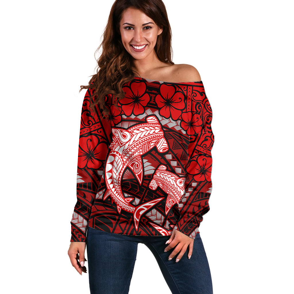 Polynesian Shark Valentine Day Off Shoulder Sweater Hibiscus and Tribal Tattoo Red Style LT03 Women Red - Polynesian Pride