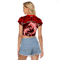 Polynesian Shark Valentine Day Raglan Cropped T Shirt Hibiscus and Tribal Tattoo Red Style LT03 - Polynesian Pride