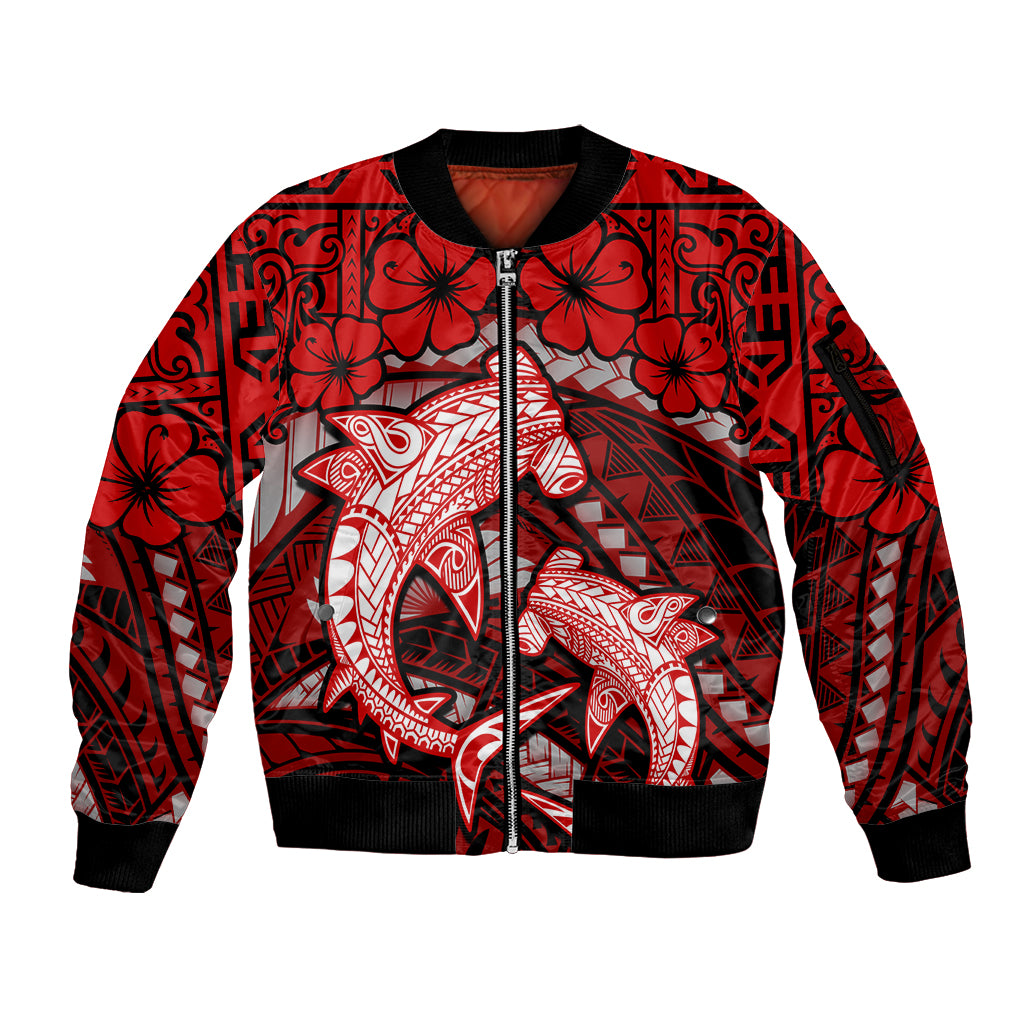 Polynesian Shark Valentine Day Sleeve Zip Bomber Jacket Hibiscus and Tribal Tattoo Red Style LT03 Unisex Red - Polynesian Pride