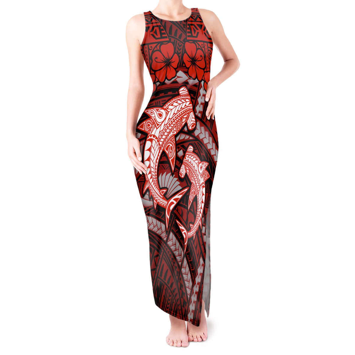 Polynesian Shark Valentine Day Tank Maxi Dress Hibiscus and Tribal Tattoo Red Style LT03 Women Red - Polynesian Pride