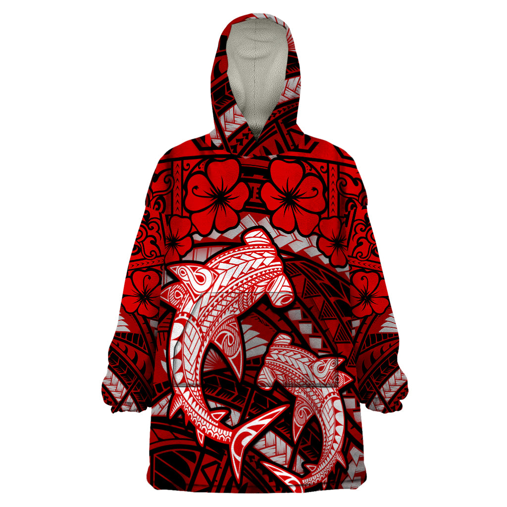 Polynesian Shark Valentine Day Wearable Blanket Hoodie Hibiscus and Tribal Tattoo Red Style LT03 One Size Red - Polynesian Pride