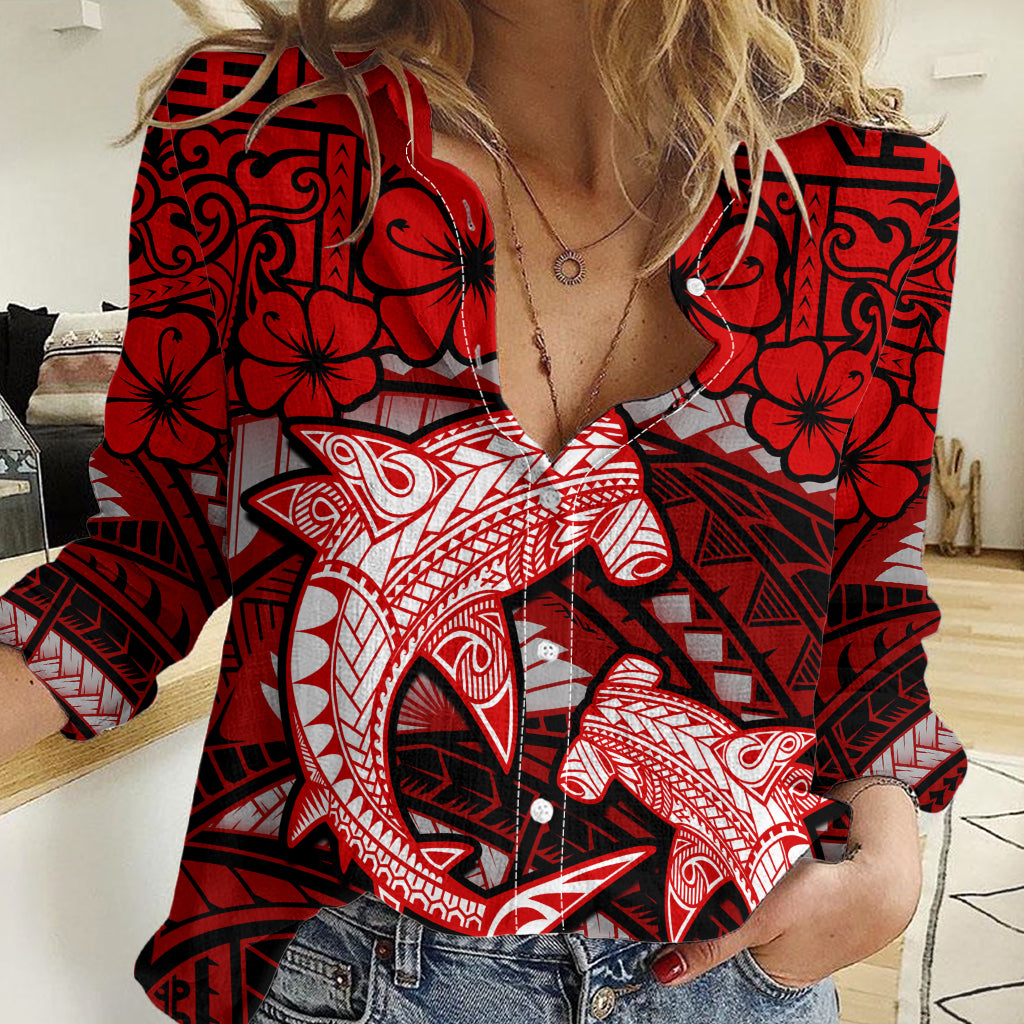 Polynesian Shark Valentine Day Women Casual Shirt Hibiscus and Tribal Tattoo Red Style LT03 Female Red - Polynesian Pride