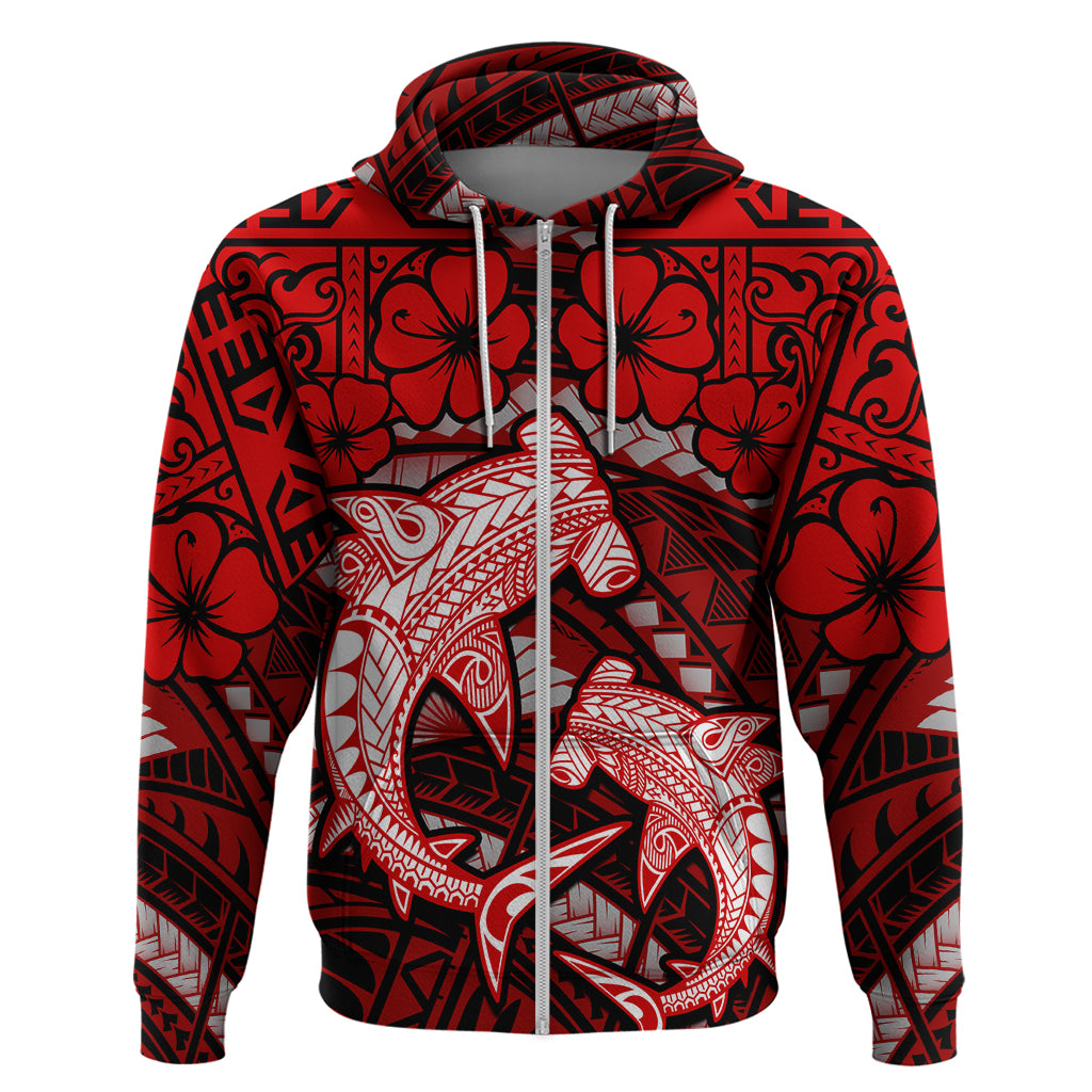 Polynesian Shark Valentine Day Zip Hoodie Hibiscus and Tribal Tattoo Red Style LT03 Zip Hoodie Red - Polynesian Pride