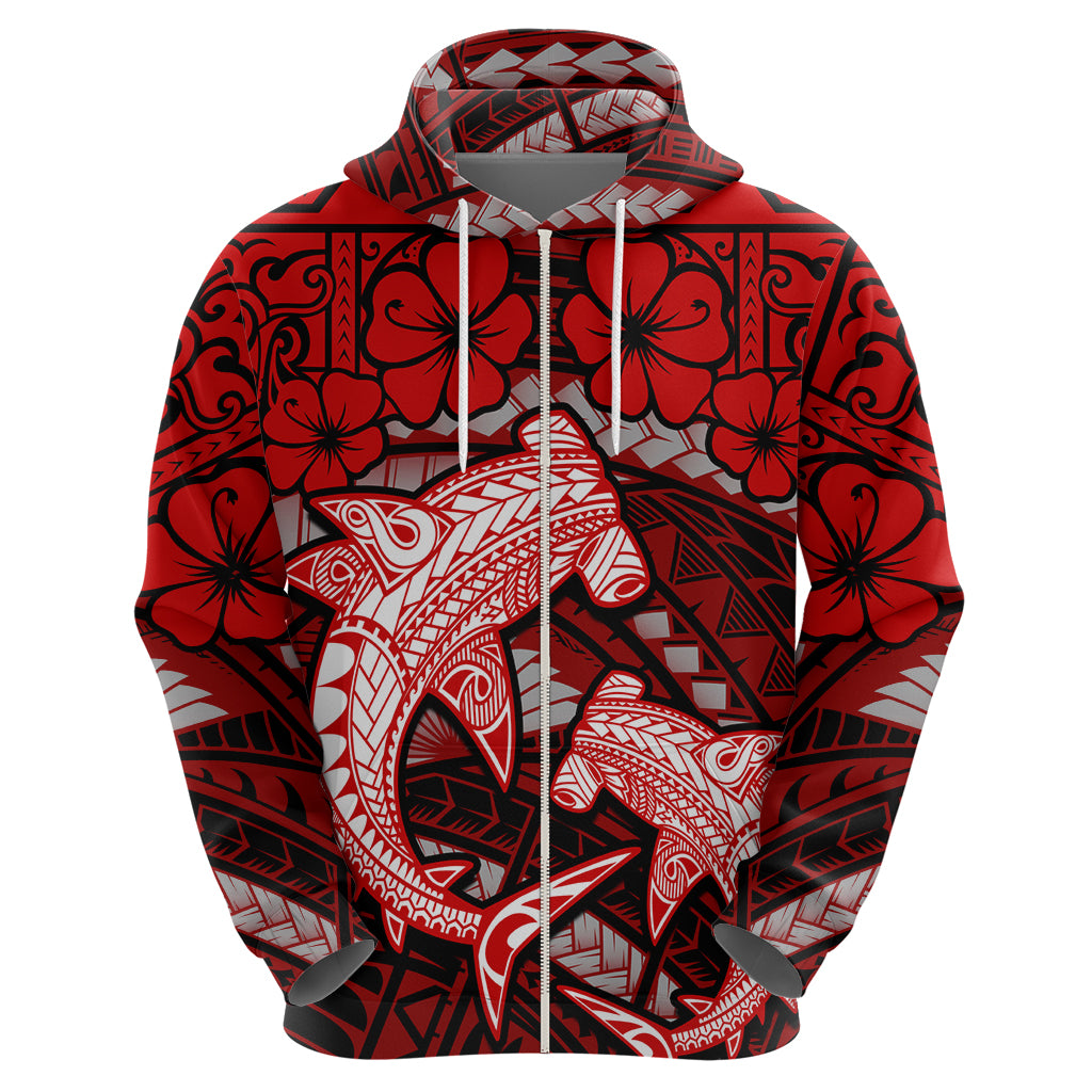 Polynesian Shark Valentine Day Zip Hoodie Hibiscus and Tribal Tattoo Red Style LT03 - Polynesian Pride