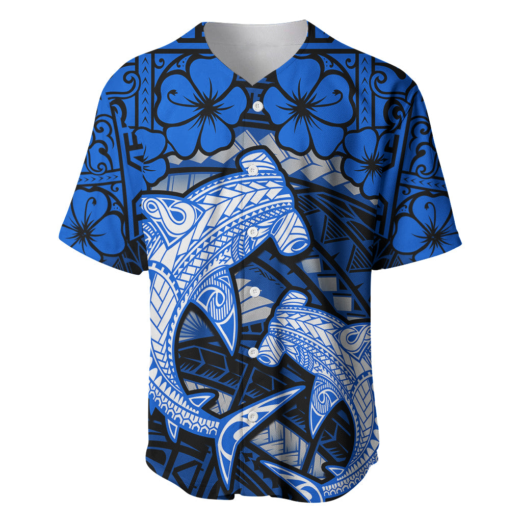 Polynesian Shark Valentine Day Baseball Jersey Hibiscus and Tribal Tattoo Blue Style LT03 Blue - Polynesian Pride