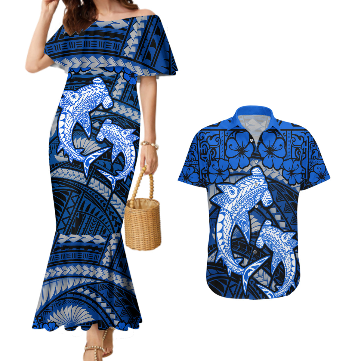 Polynesian Shark Valentine Day Couples Matching Mermaid Dress and Hawaiian Shirt Hibiscus and Tribal Tattoo Blue Style LT03 Blue - Polynesian Pride