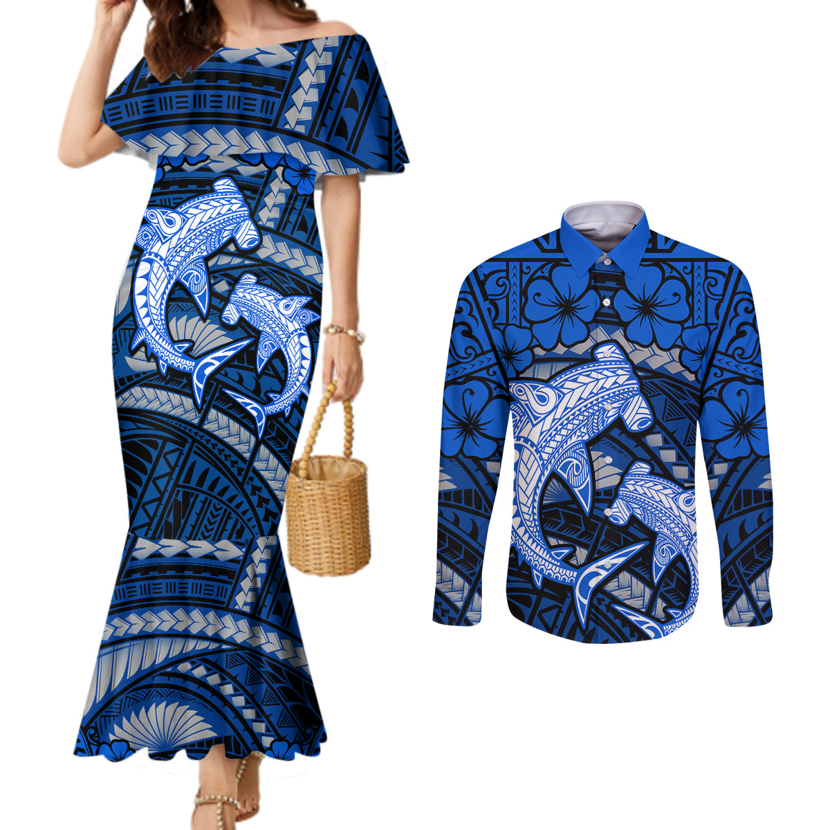 Polynesian Shark Valentine Day Couples Matching Mermaid Dress and Long Sleeve Button Shirt Hibiscus and Tribal Tattoo Blue Style LT03 Blue - Polynesian Pride