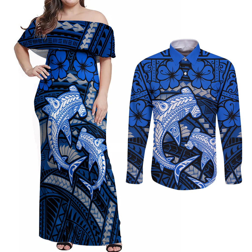 Polynesian Shark Valentine Day Couples Matching Off Shoulder Maxi Dress and Long Sleeve Button Shirt Hibiscus and Tribal Tattoo Blue Style LT03 Blue - Polynesian Pride