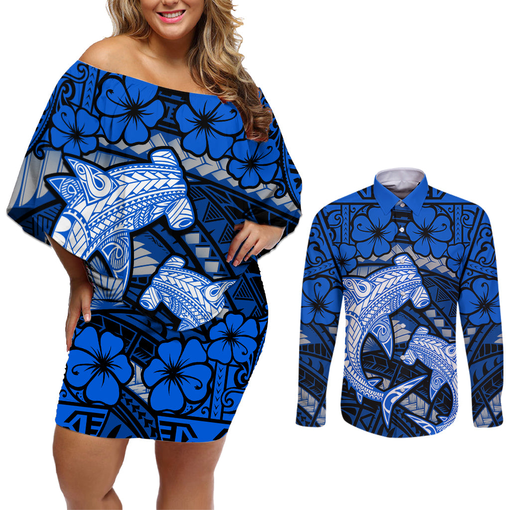 Polynesian Shark Valentine Day Couples Matching Off Shoulder Short Dress and Long Sleeve Button Shirt Hibiscus and Tribal Tattoo Blue Style LT03 Blue - Polynesian Pride