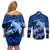 Polynesian Shark Valentine Day Couples Matching Off Shoulder Short Dress and Long Sleeve Button Shirt Hibiscus and Tribal Tattoo Blue Style LT03 - Polynesian Pride