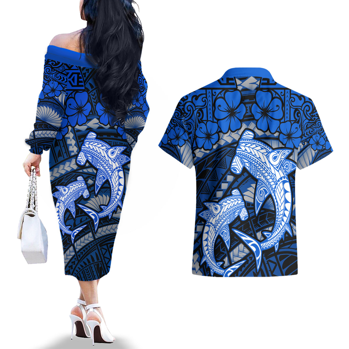 Polynesian Shark Valentine Day Couples Matching Off The Shoulder Long Sleeve Dress and Hawaiian Shirt Hibiscus and Tribal Tattoo Blue Style LT03 - Polynesian Pride