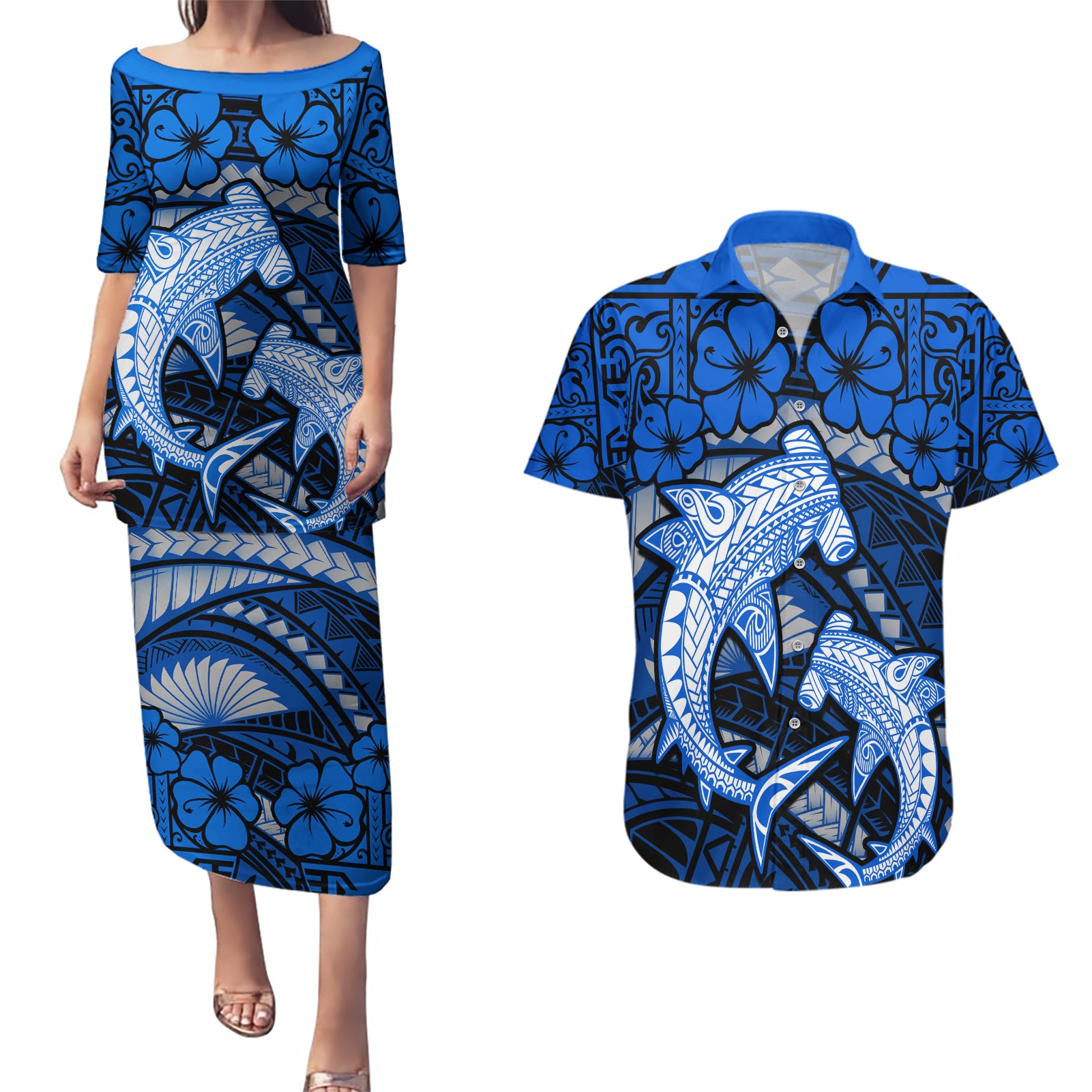 Polynesian Shark Valentine Day Couples Matching Puletasi and Hawaiian Shirt Hibiscus and Tribal Tattoo Blue Style LT03 Blue - Polynesian Pride