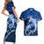 Polynesian Shark Valentine Day Couples Matching Short Sleeve Bodycon Dress and Hawaiian Shirt Hibiscus and Tribal Tattoo Blue Style LT03 - Polynesian Pride