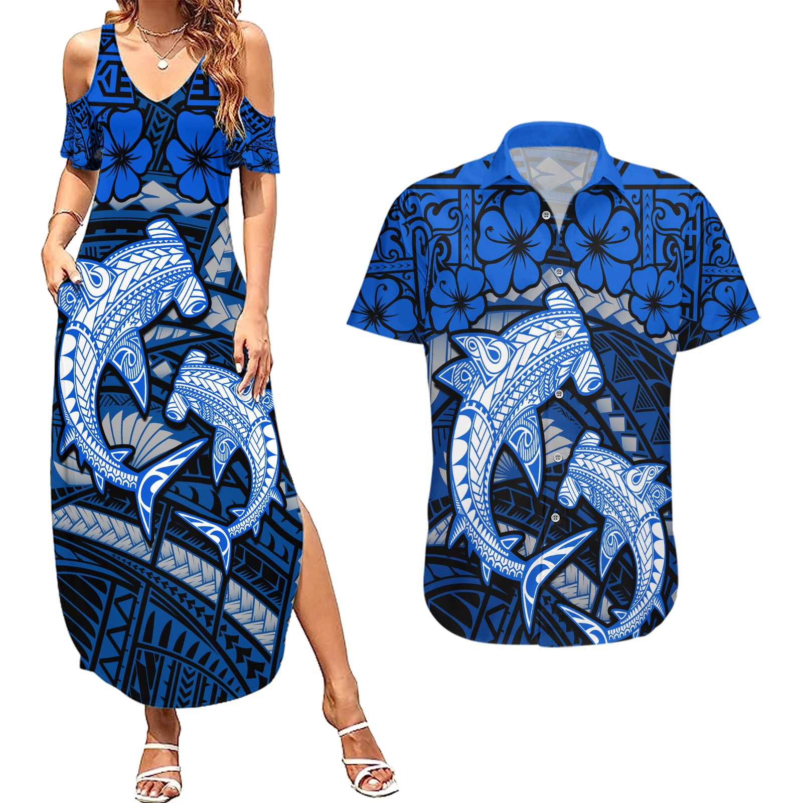 Polynesian Shark Valentine Day Couples Matching Summer Maxi Dress and Hawaiian Shirt Hibiscus and Tribal Tattoo Blue Style LT03 Blue - Polynesian Pride