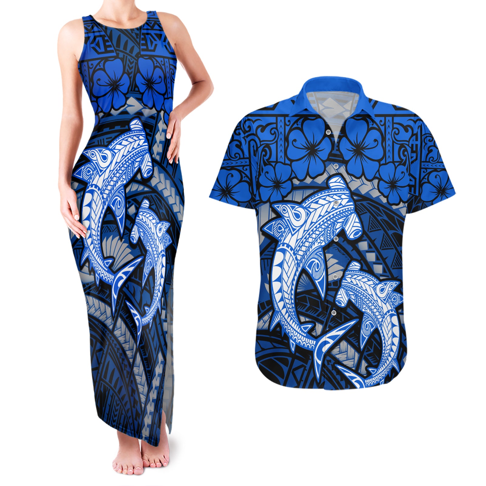 Polynesian Shark Valentine Day Couples Matching Tank Maxi Dress and Hawaiian Shirt Hibiscus and Tribal Tattoo Blue Style LT03 Blue - Polynesian Pride