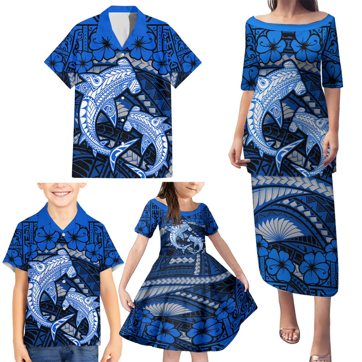 Polynesian Shark Valentine Day Family Matching Puletasi and Hawaiian Shirt Hibiscus and Tribal Tattoo Blue Style LT03 - Polynesian Pride