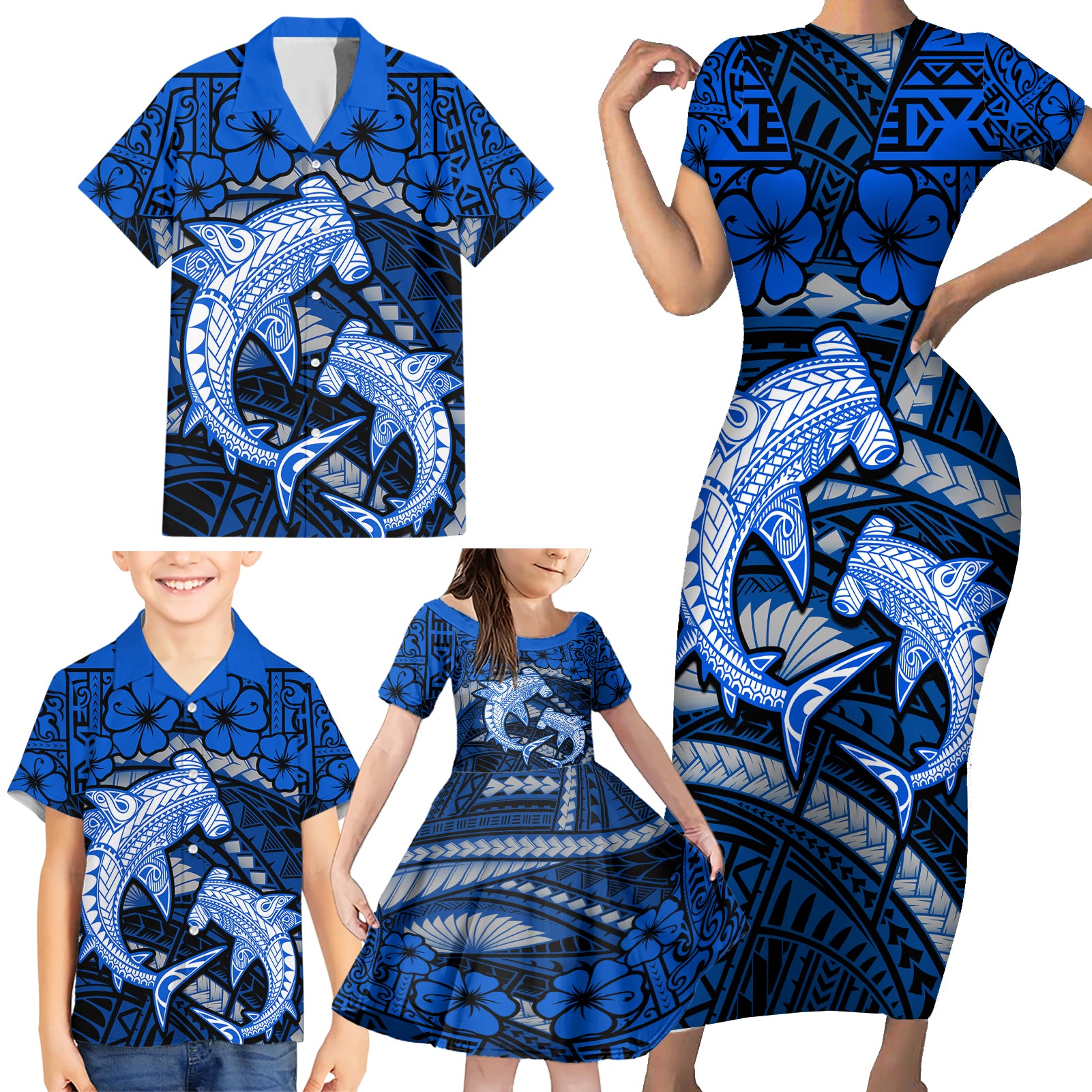 Polynesian Shark Valentine Day Family Matching Short Sleeve Bodycon Dress and Hawaiian Shirt Hibiscus and Tribal Tattoo Blue Style LT03 - Polynesian Pride