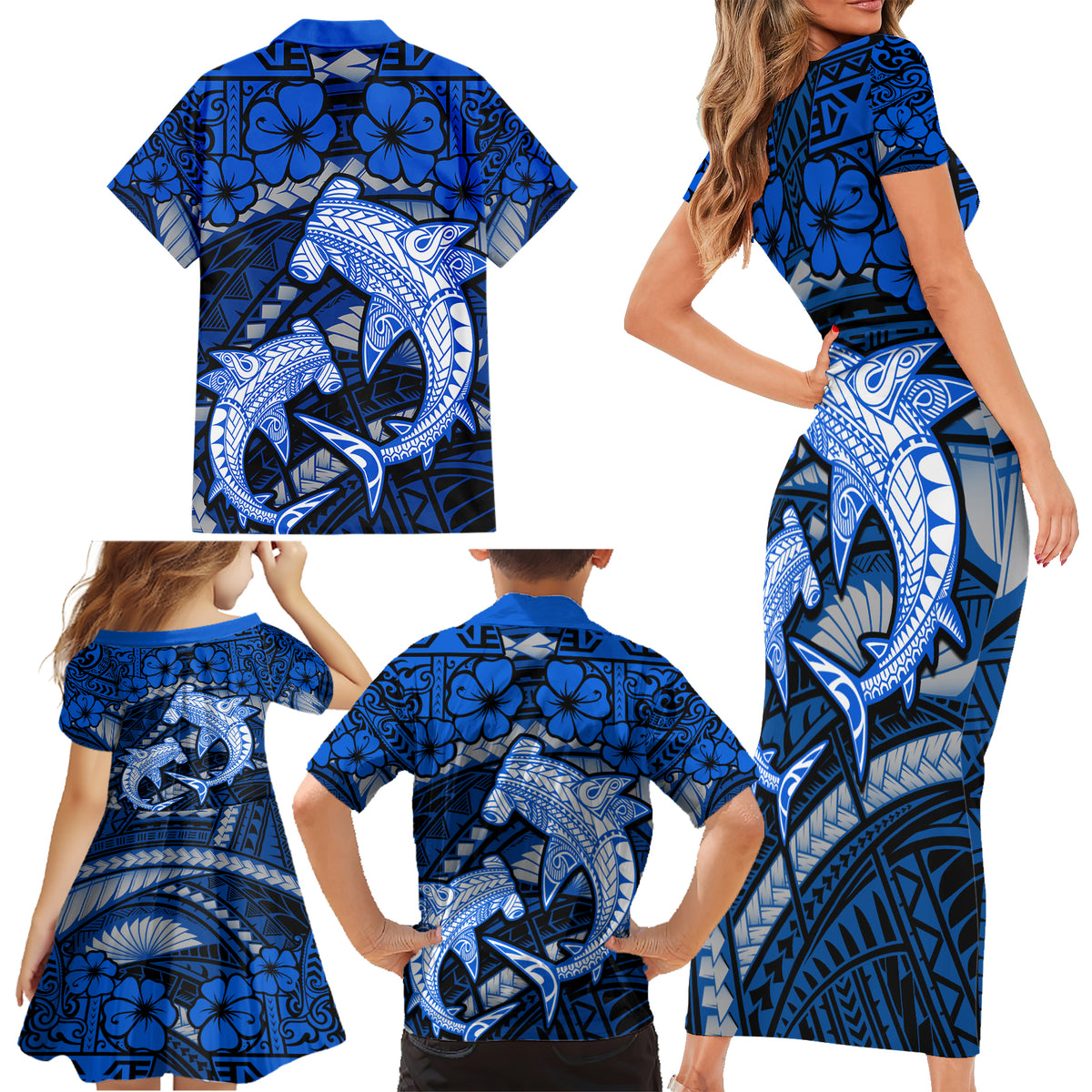 Polynesian Shark Valentine Day Family Matching Short Sleeve Bodycon Dress and Hawaiian Shirt Hibiscus and Tribal Tattoo Blue Style LT03 - Polynesian Pride