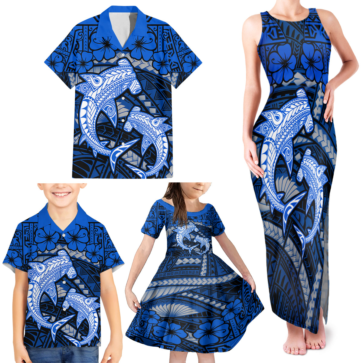 Polynesian Shark Valentine Day Family Matching Tank Maxi Dress and Hawaiian Shirt Hibiscus and Tribal Tattoo Blue Style LT03 - Polynesian Pride