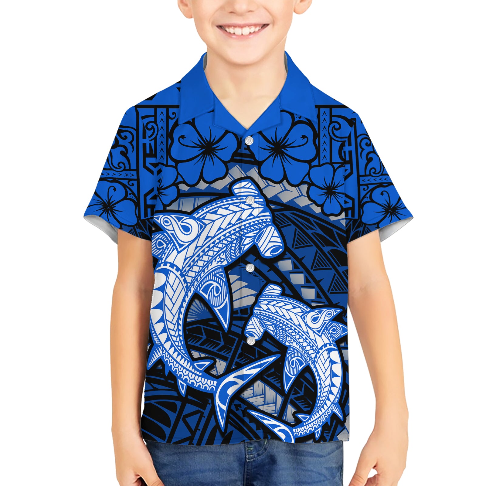 Polynesian Shark Valentine Day Kid Hawaiian Shirt Hibiscus and Tribal Tattoo Blue Style LT03 Kid Blue - Polynesian Pride