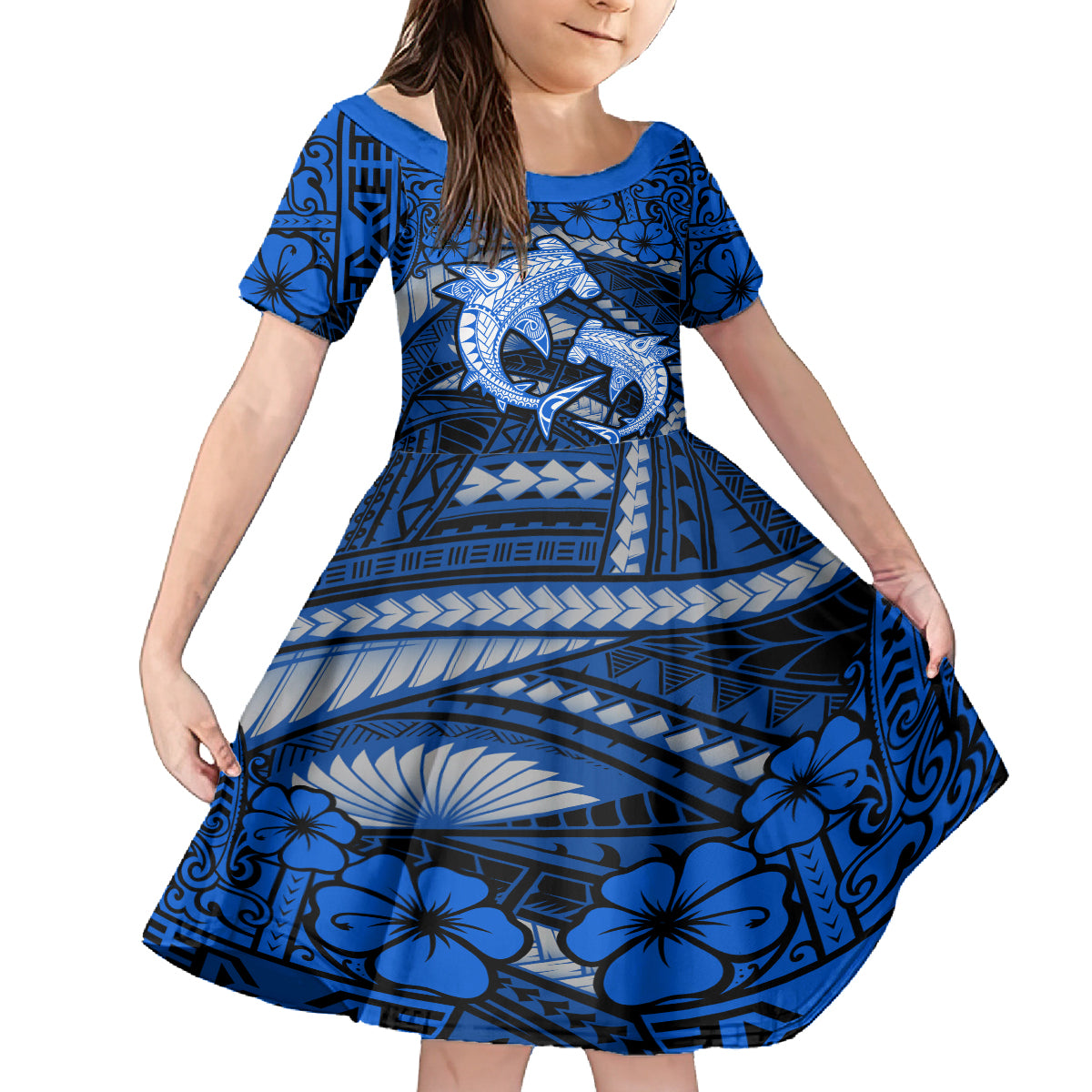 Polynesian Shark Valentine Day Kid Short Sleeve Dress Hibiscus and Tribal Tattoo Blue Style LT03 KID Blue - Polynesian Pride