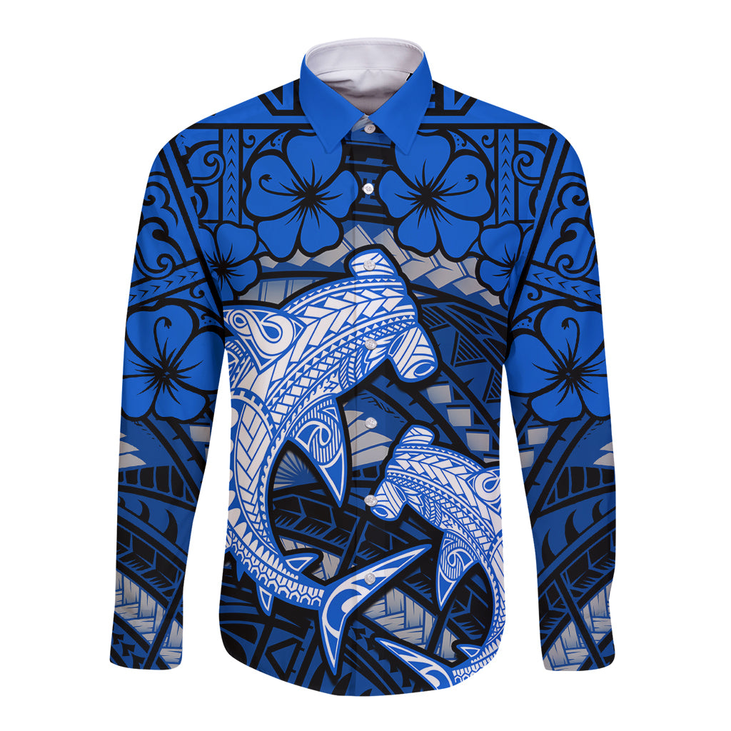 Polynesian Shark Valentine Day Long Sleeve Button Shirt Hibiscus and Tribal Tattoo Blue Style LT03 Unisex Blue - Polynesian Pride