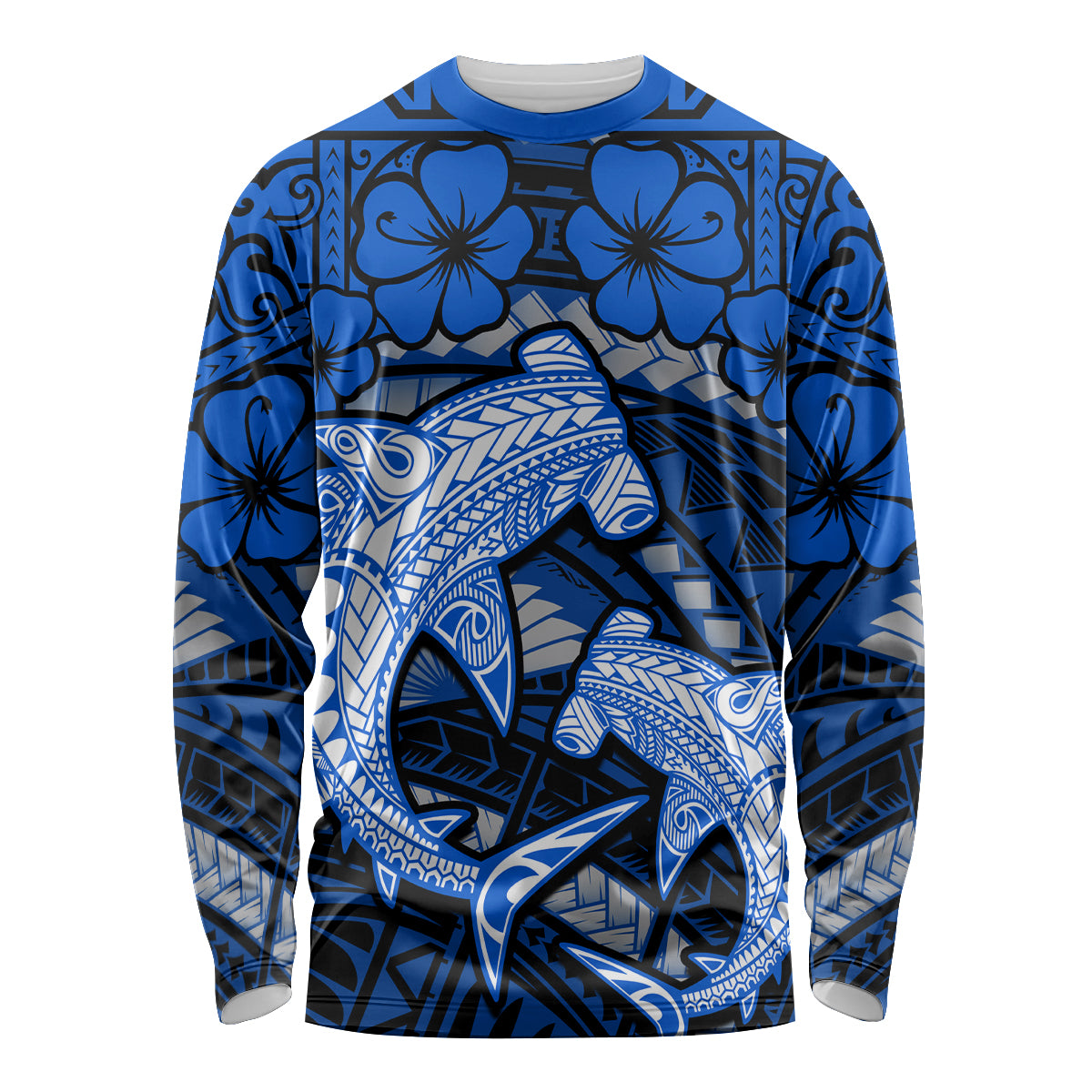 Polynesian Shark Valentine Day Long Sleeve Shirt Hibiscus and Tribal Tattoo Blue Style LT03 Unisex Blue - Polynesian Pride