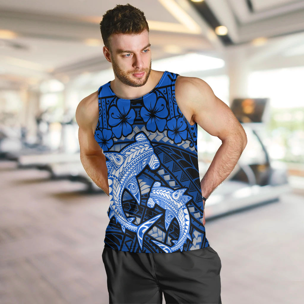 Polynesian Shark Valentine Day Men Tank Top Hibiscus and Tribal Tattoo Blue Style LT03 Blue - Polynesian Pride