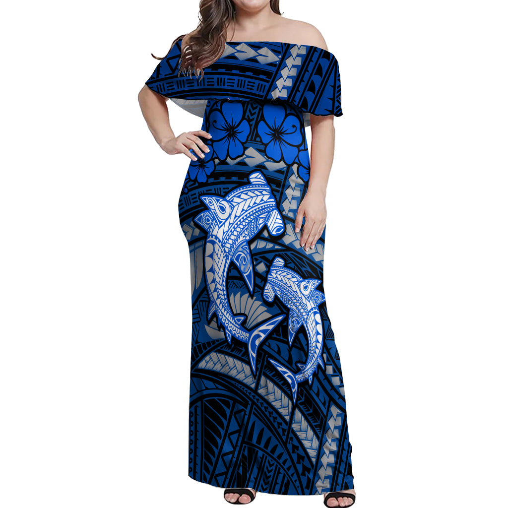 Polynesian Shark Valentine Day Off Shoulder Maxi Dress Hibiscus and Tribal Tattoo Blue Style LT03 Women Blue - Polynesian Pride