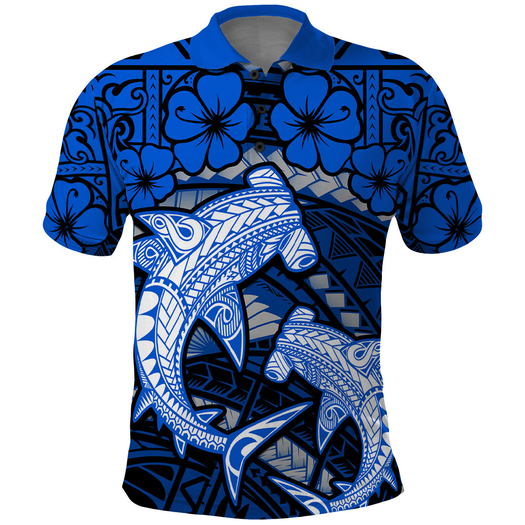 Polynesian Shark Valentine Day Polo Shirt Hibiscus and Tribal Tattoo Blue Style LT03 Blue - Polynesian Pride