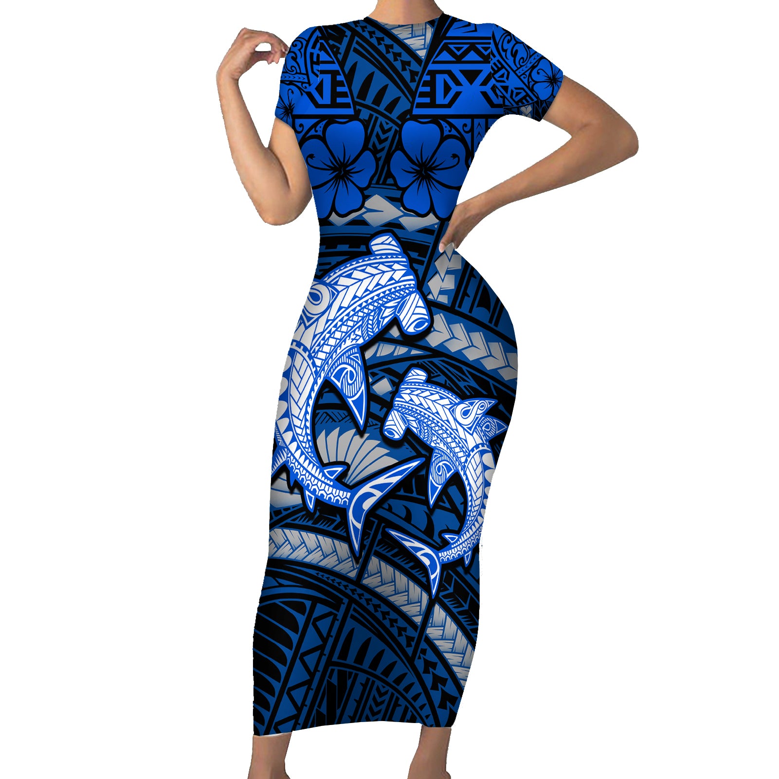 Polynesian Shark Valentine Day Short Sleeve Bodycon Dress Hibiscus and Tribal Tattoo Blue Style LT03 Long Dress Blue - Polynesian Pride