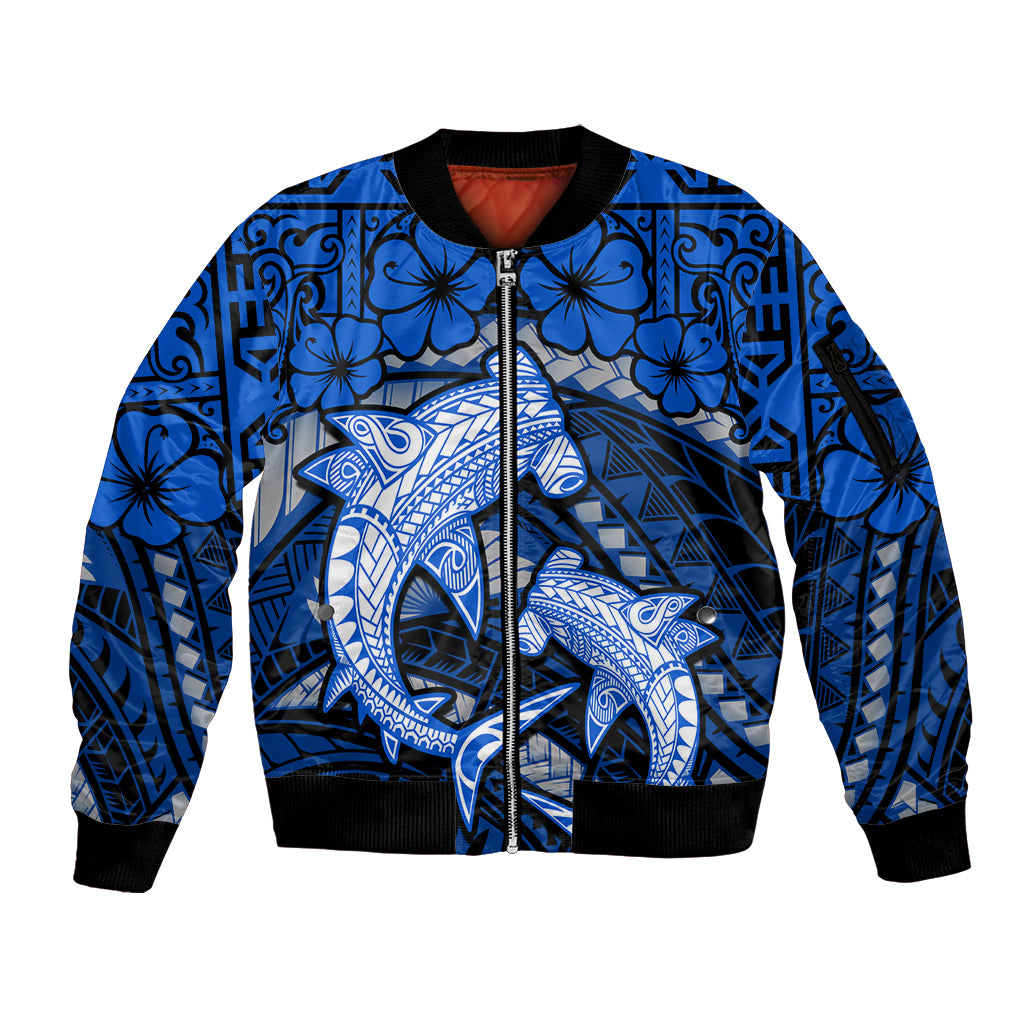 Polynesian Shark Valentine Day Sleeve Zip Bomber Jacket Hibiscus and Tribal Tattoo Blue Style LT03 Unisex Blue - Polynesian Pride