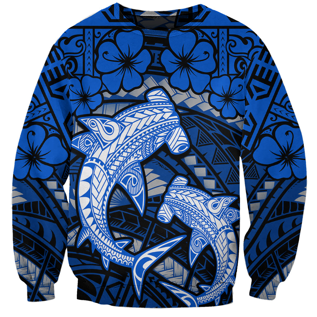 Polynesian Shark Valentine Day Sweatshirt Hibiscus and Tribal Tattoo Blue Style LT03 Unisex Blue - Polynesian Pride