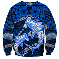 Polynesian Shark Valentine Day Sweatshirt Hibiscus and Tribal Tattoo Blue Style LT03 - Polynesian Pride
