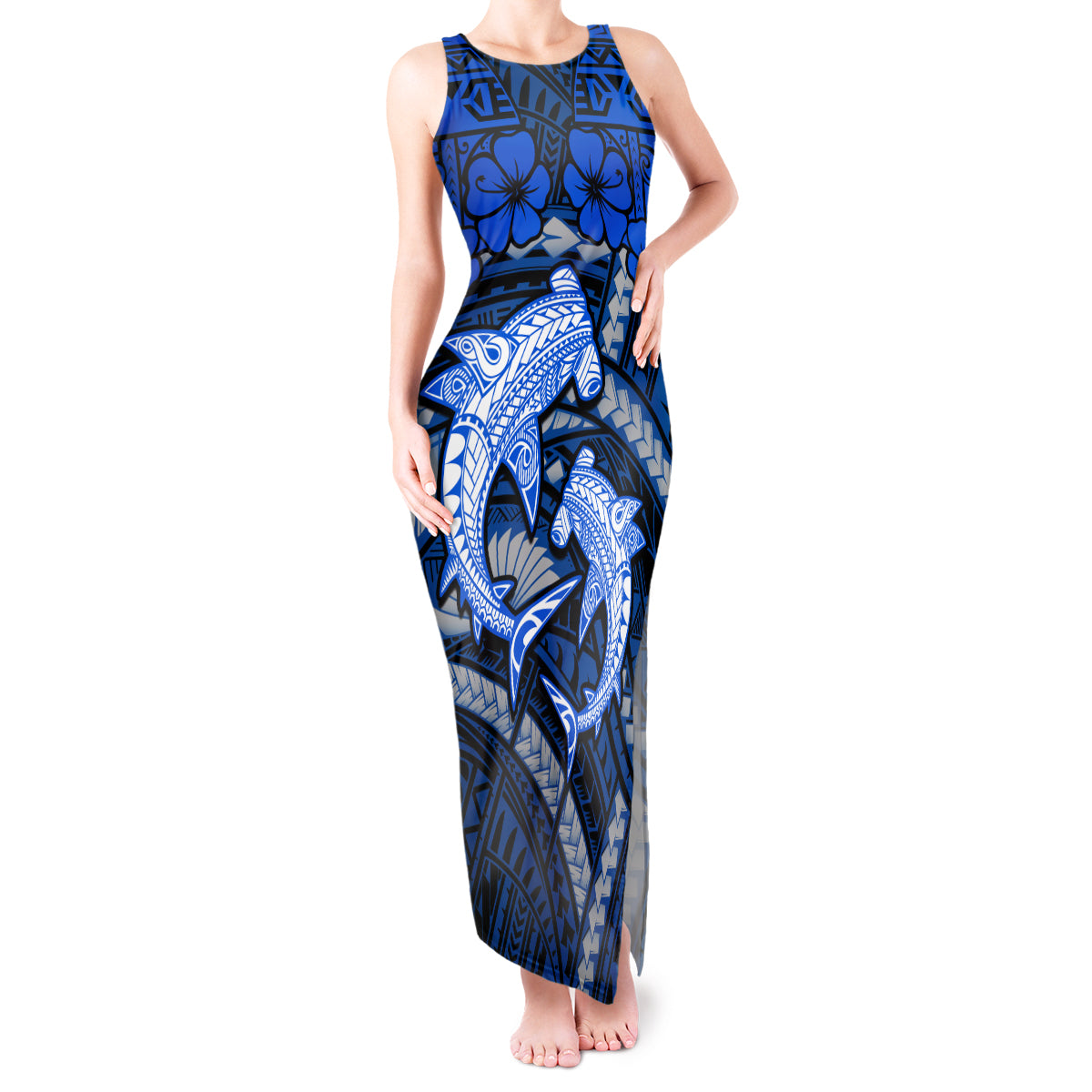 Polynesian Shark Valentine Day Tank Maxi Dress Hibiscus and Tribal Tattoo Blue Style LT03 Women Blue - Polynesian Pride