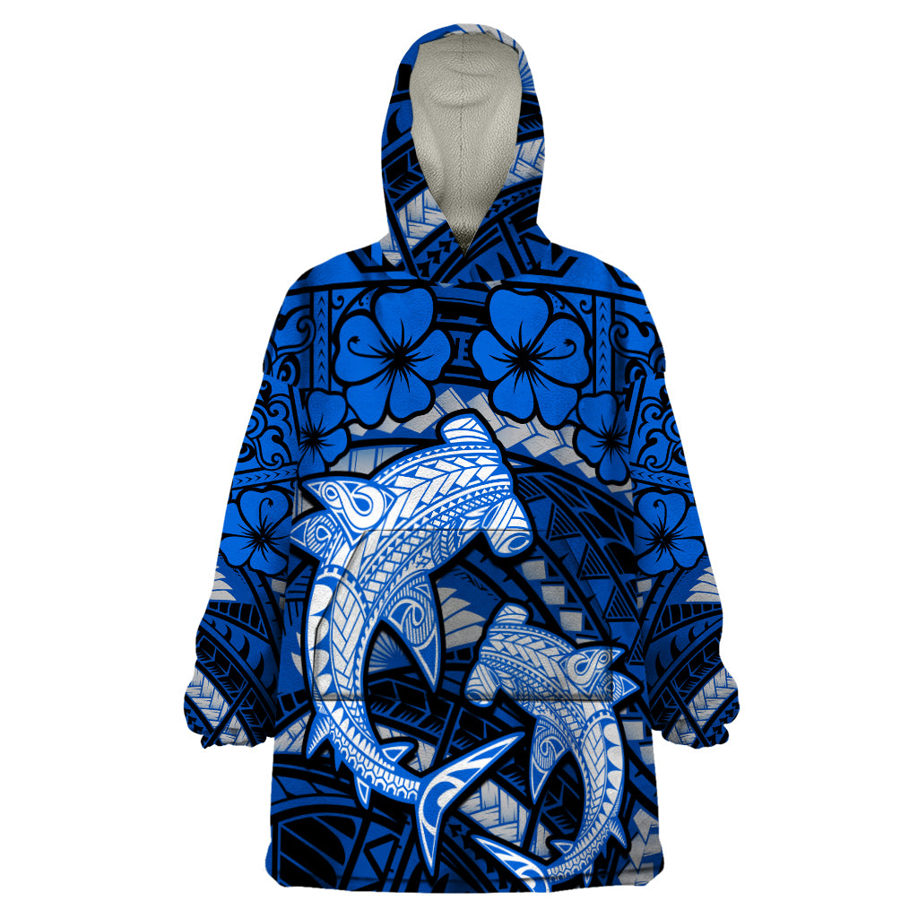 Polynesian Shark Valentine Day Wearable Blanket Hoodie Hibiscus and Tribal Tattoo Blue Style LT03 One Size Blue - Polynesian Pride