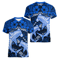 Polynesian Shark Valentine Day Women V Neck T Shirt Hibiscus and Tribal Tattoo Blue Style LT03 - Polynesian Pride
