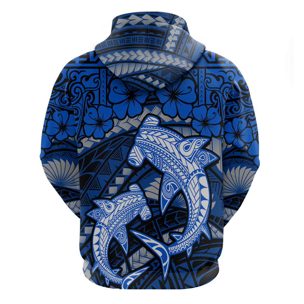 Polynesian Shark Valentine Day Zip Hoodie Hibiscus and Tribal Tattoo Blue Style LT03 - Polynesian Pride