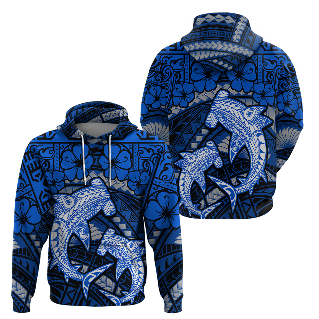 Polynesian Shark Valentine Day Zip Hoodie Hibiscus and Tribal Tattoo Blue Style LT03 - Polynesian Pride