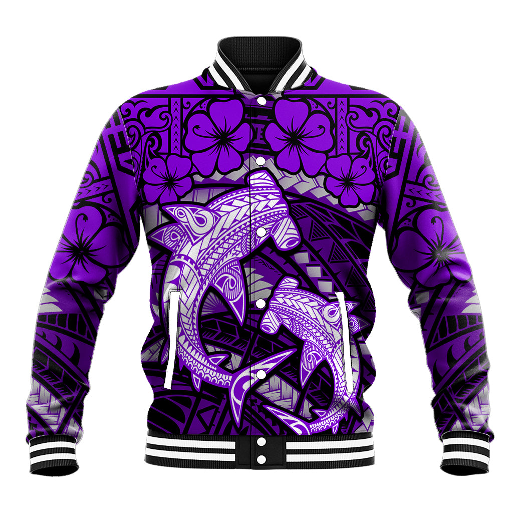 Polynesian Shark Valentine Day Baseball Jacket Hibiscus and Tribal Tattoo Purple Style LT03 Unisex Purple - Polynesian Pride