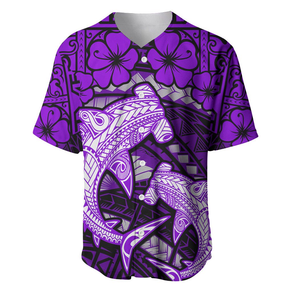 Polynesian Shark Valentine Day Baseball Jersey Hibiscus and Tribal Tattoo Purple Style LT03 Purple - Polynesian Pride