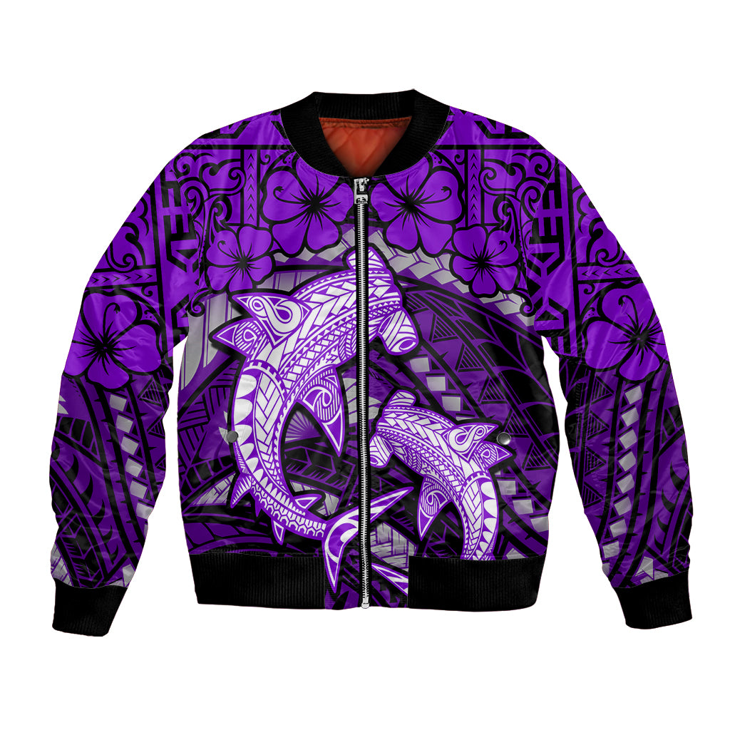 Polynesian Shark Valentine Day Bomber Jacket Hibiscus and Tribal Tattoo Purple Style LT03 Unisex Purple - Polynesian Pride