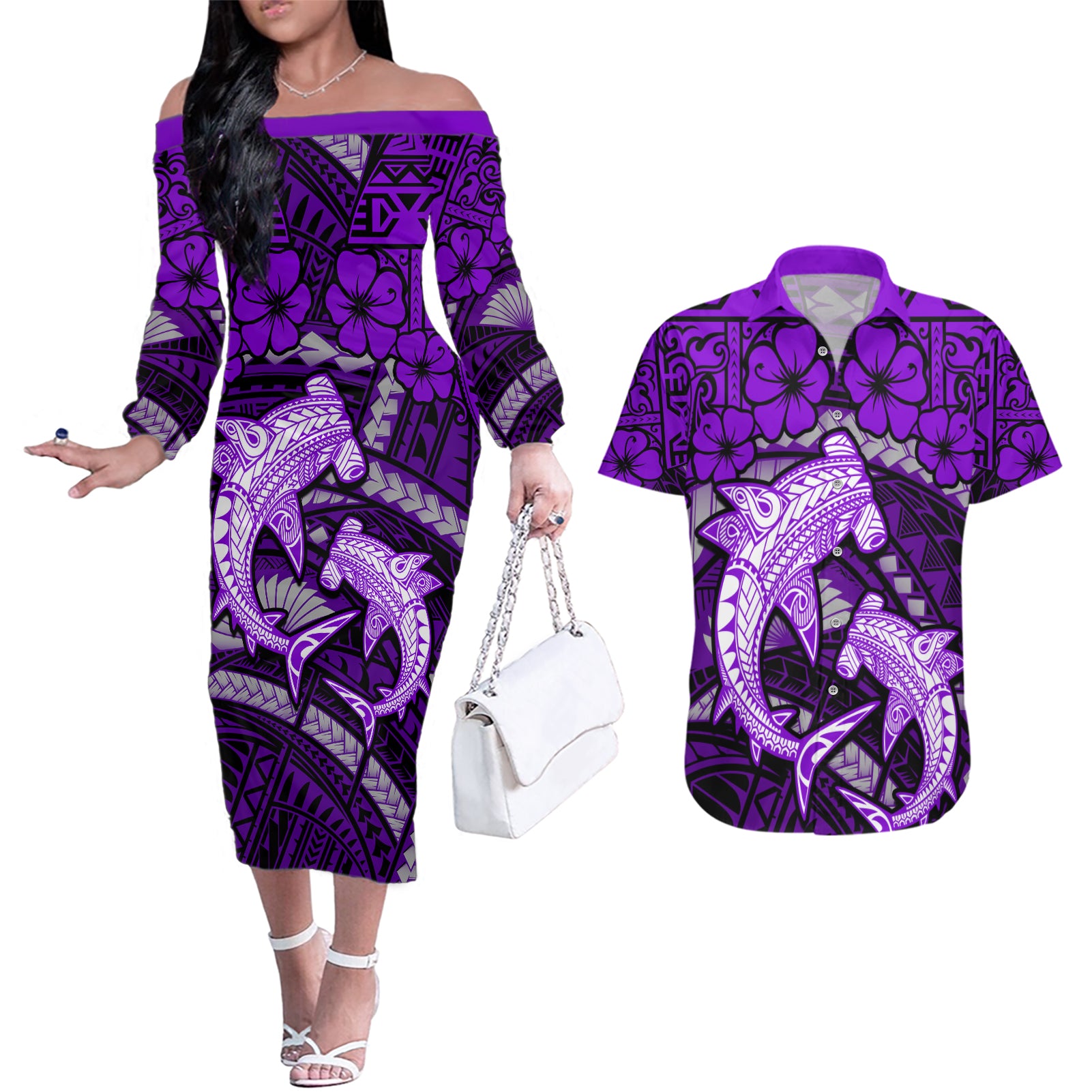 Polynesian Shark Valentine Day Couples Matching Off The Shoulder Long Sleeve Dress and Hawaiian Shirt Hibiscus and Tribal Tattoo Purple Style LT03 Purple - Polynesian Pride