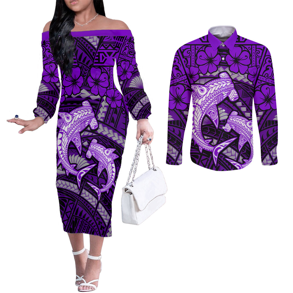 Polynesian Shark Valentine Day Couples Matching Off The Shoulder Long Sleeve Dress and Long Sleeve Button Shirt Hibiscus and Tribal Tattoo Purple Style LT03 Purple - Polynesian Pride