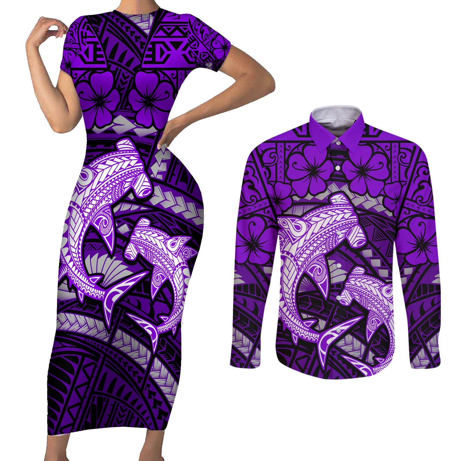 Polynesian Shark Valentine Day Couples Matching Short Sleeve Bodycon Dress and Long Sleeve Button Shirt Hibiscus and Tribal Tattoo Purple Style LT03 Purple - Polynesian Pride