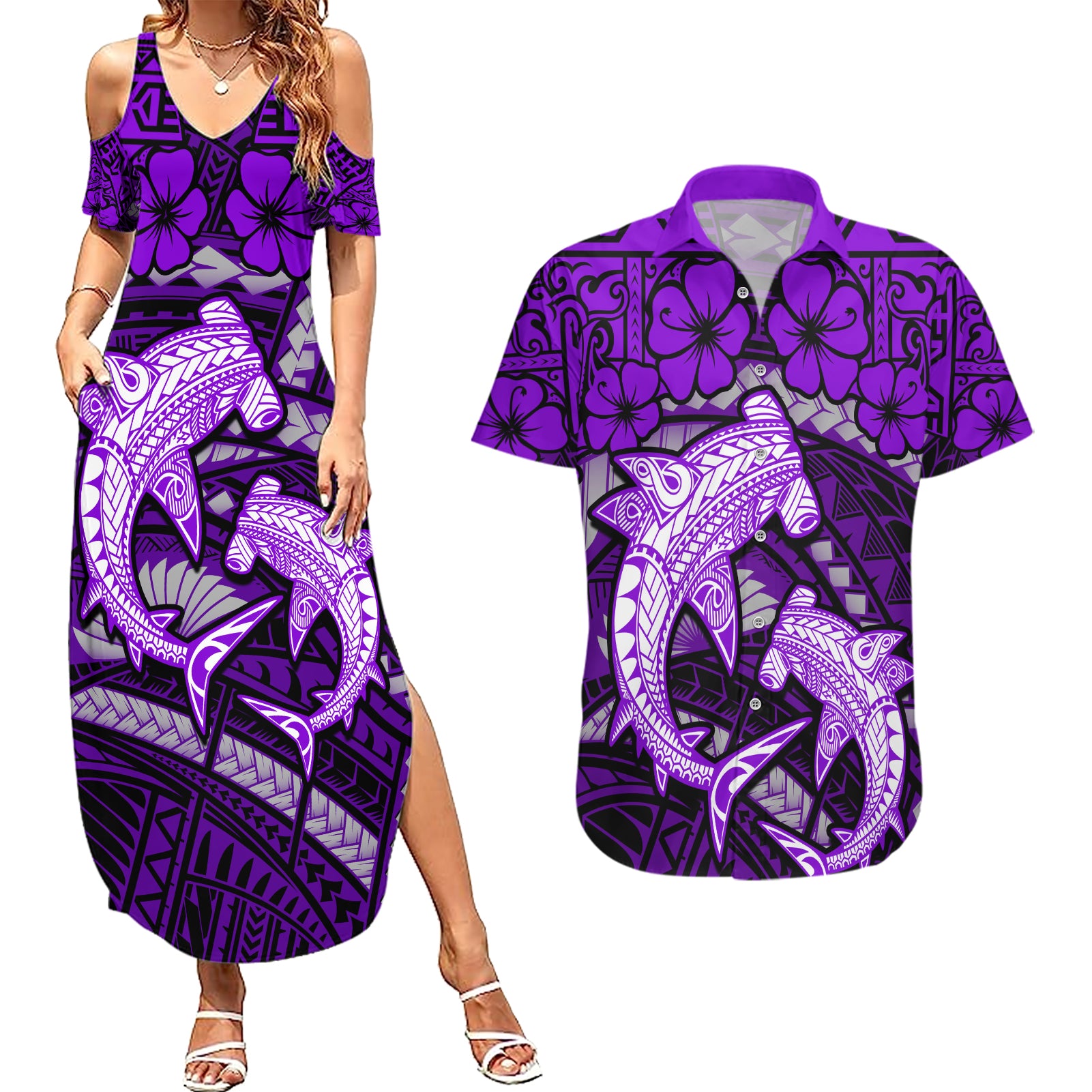 Polynesian Shark Valentine Day Couples Matching Summer Maxi Dress and Hawaiian Shirt Hibiscus and Tribal Tattoo Purple Style LT03 Purple - Polynesian Pride