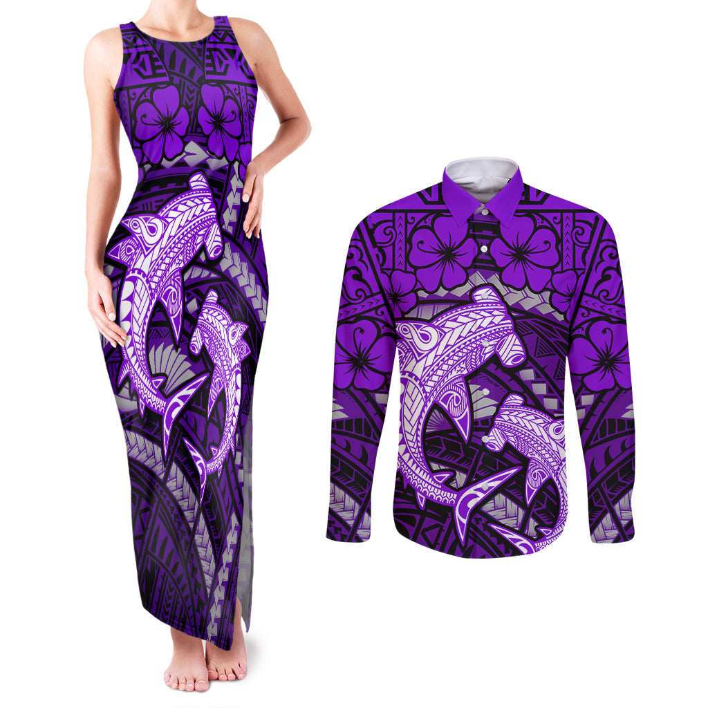 Polynesian Shark Valentine Day Couples Matching Tank Maxi Dress and Long Sleeve Button Shirt Hibiscus and Tribal Tattoo Purple Style LT03 Purple - Polynesian Pride