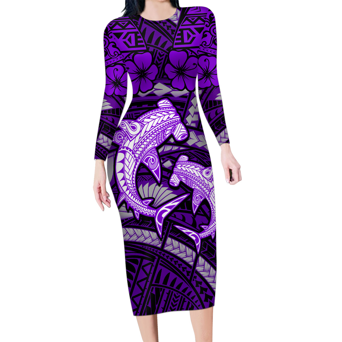 Polynesian Shark Valentine Day Family Matching Long Sleeve Bodycon Dress and Hawaiian Shirt Hibiscus and Tribal Tattoo Purple Style LT03 Mom's Dress Purple - Polynesian Pride