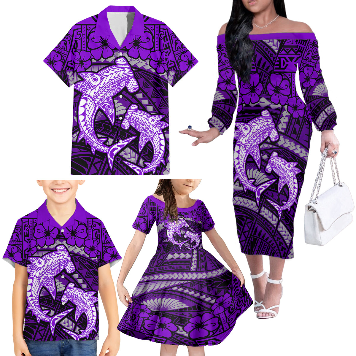 Polynesian Shark Valentine Day Family Matching Off Shoulder Long Sleeve Dress and Hawaiian Shirt Hibiscus and Tribal Tattoo Purple Style LT03 - Polynesian Pride