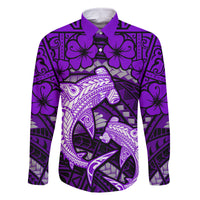 Polynesian Shark Valentine Day Family Matching Off Shoulder Maxi Dress and Hawaiian Shirt Hibiscus and Tribal Tattoo Purple Style LT03 Dad's Shirt - Long Sleeve Purple - Polynesian Pride